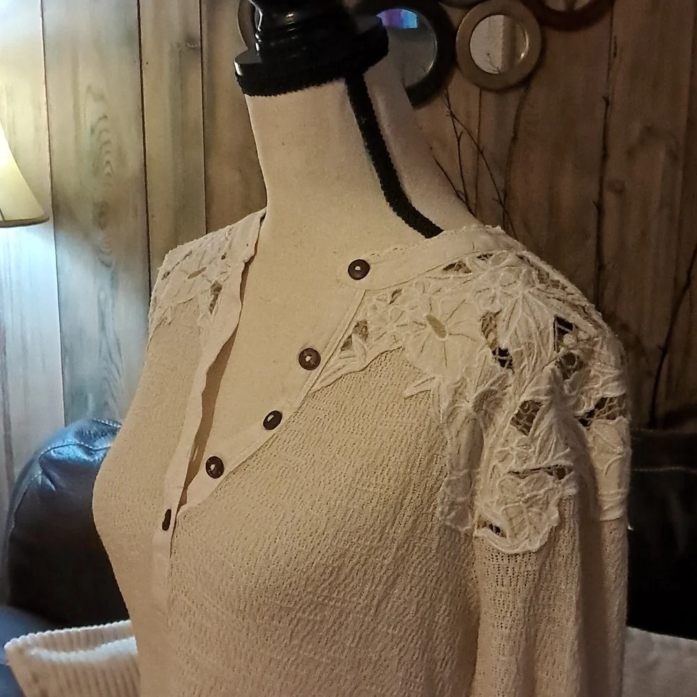 Free People Long Sleeve Henley With Floral Shoulder and Back Embroidered Desigon